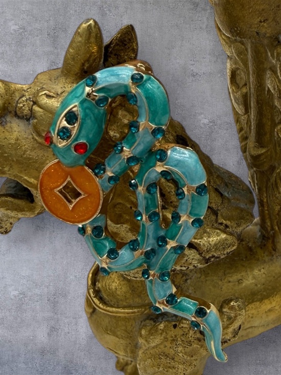 None Jewelry - Turquoise Enamel Snake Ornament with Amber Coin - Designer Accent